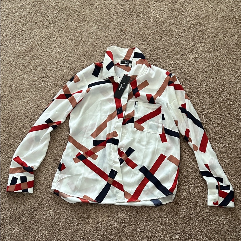 Lulu's Red and Navy Geometric Blouse